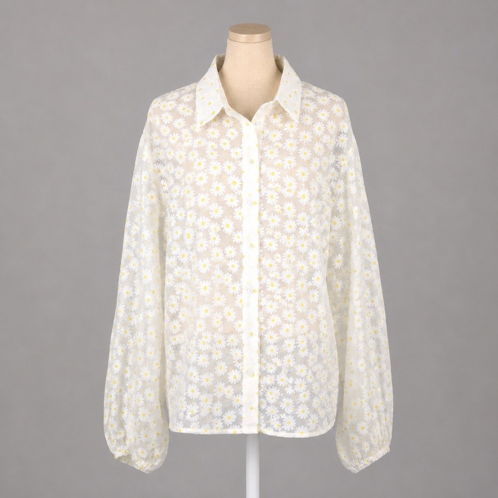 Forever 21 White Sheer Daisy Button-Up Blouse with Yellow Accents